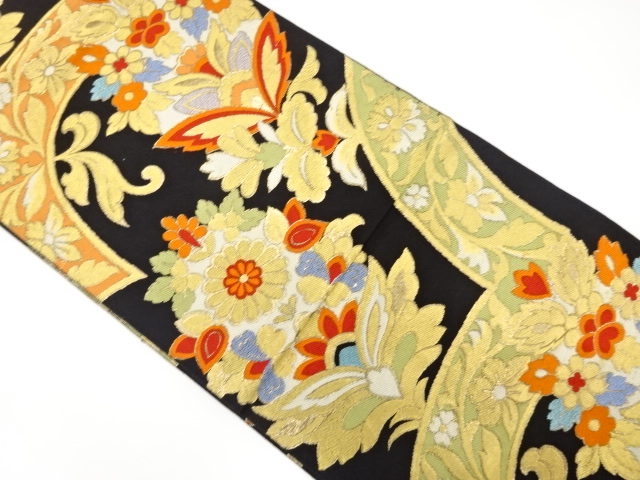 JAPANESE KIMONO / ANTIQUE FUKURO OBI / SILK / WOVEN FLORAL PLANTS